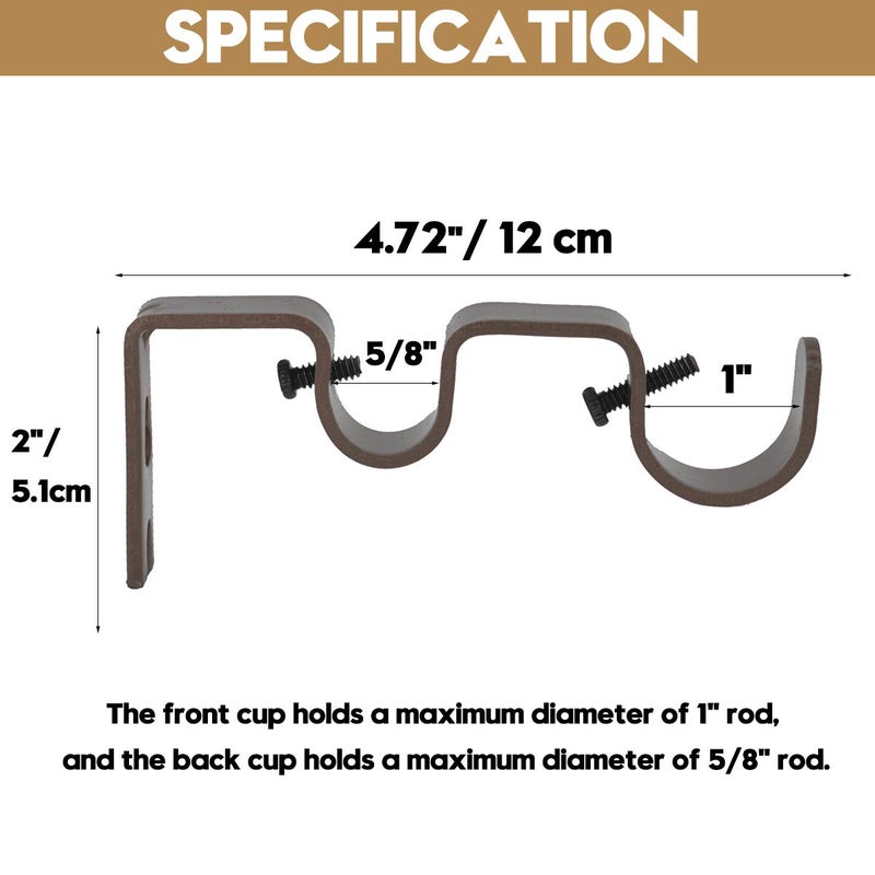 AddGrace 6 PCS Double Curtain Rod Bracket Heavy Duty Curtain Rod Holders for 1" and 5/8" Drapery Pole Adjustable Wall Mounted Drapery Pole Brackets for Living Room Bedroom Brown - Image 2